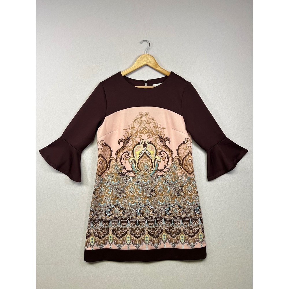 Boho Retro New York & Company Women Med Burgundy Paisley Bell Sleeve Shift Dress